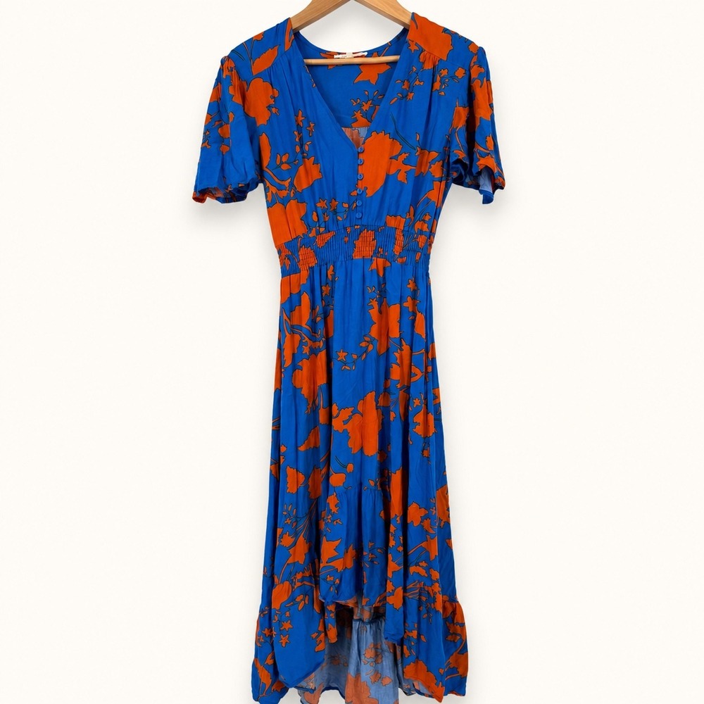 Anthropologie Abel the Label Medium Midi Dress Floral Smocked Waist Hi Low Flowy
